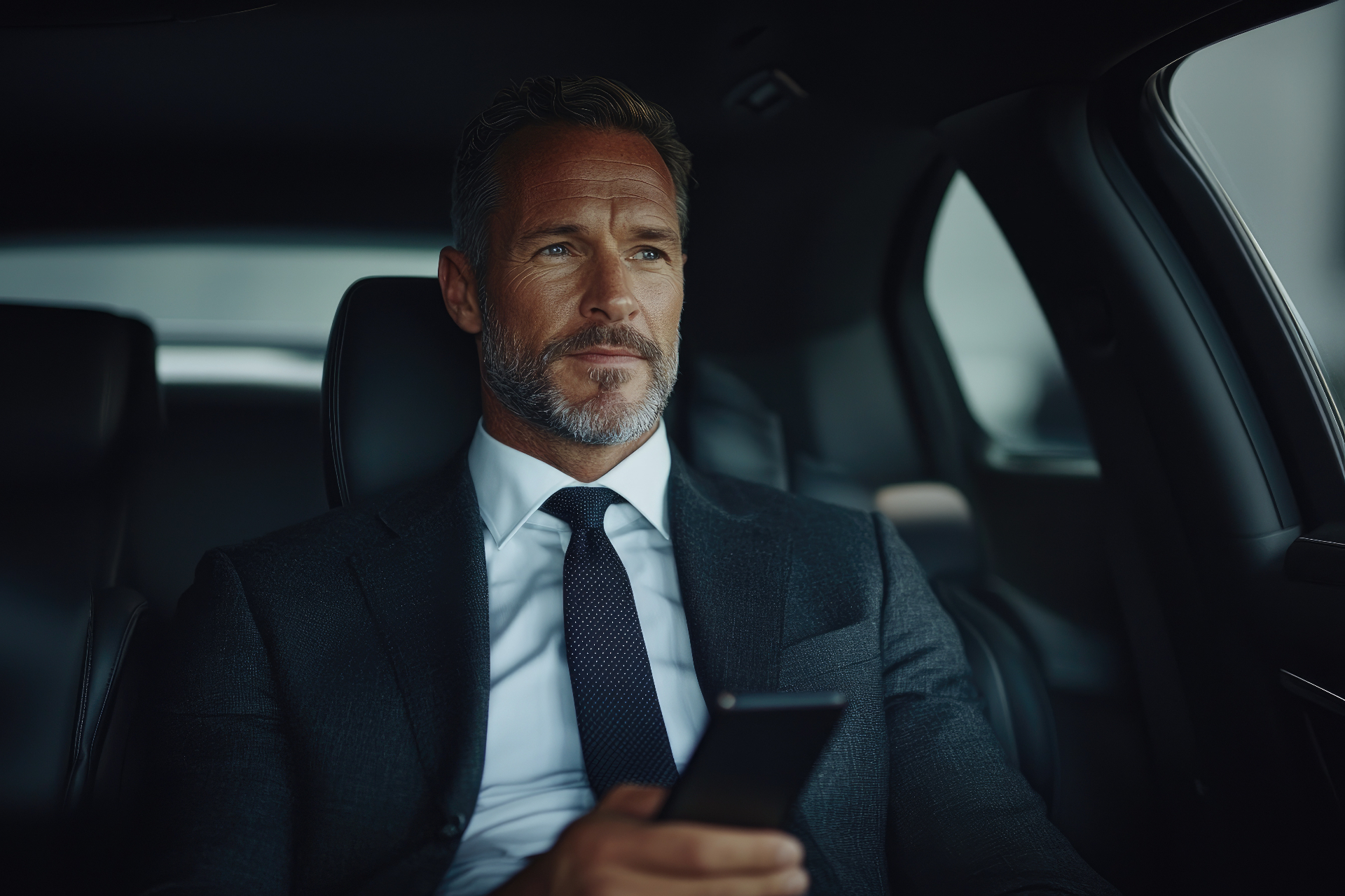 Executivo entrando em sedan preto com motorista segurando a porta