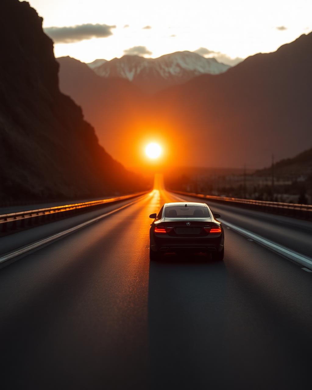 Sedan preto em estrada ao pôr do sol em viagem interestadual